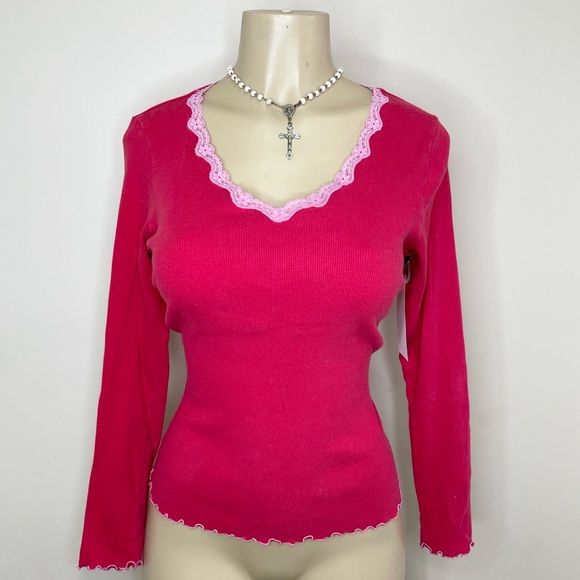 HUE Dreamy red wash Pink Lace Trim Ribbed baby tee Top long sleeve L - Picture 5 of 9